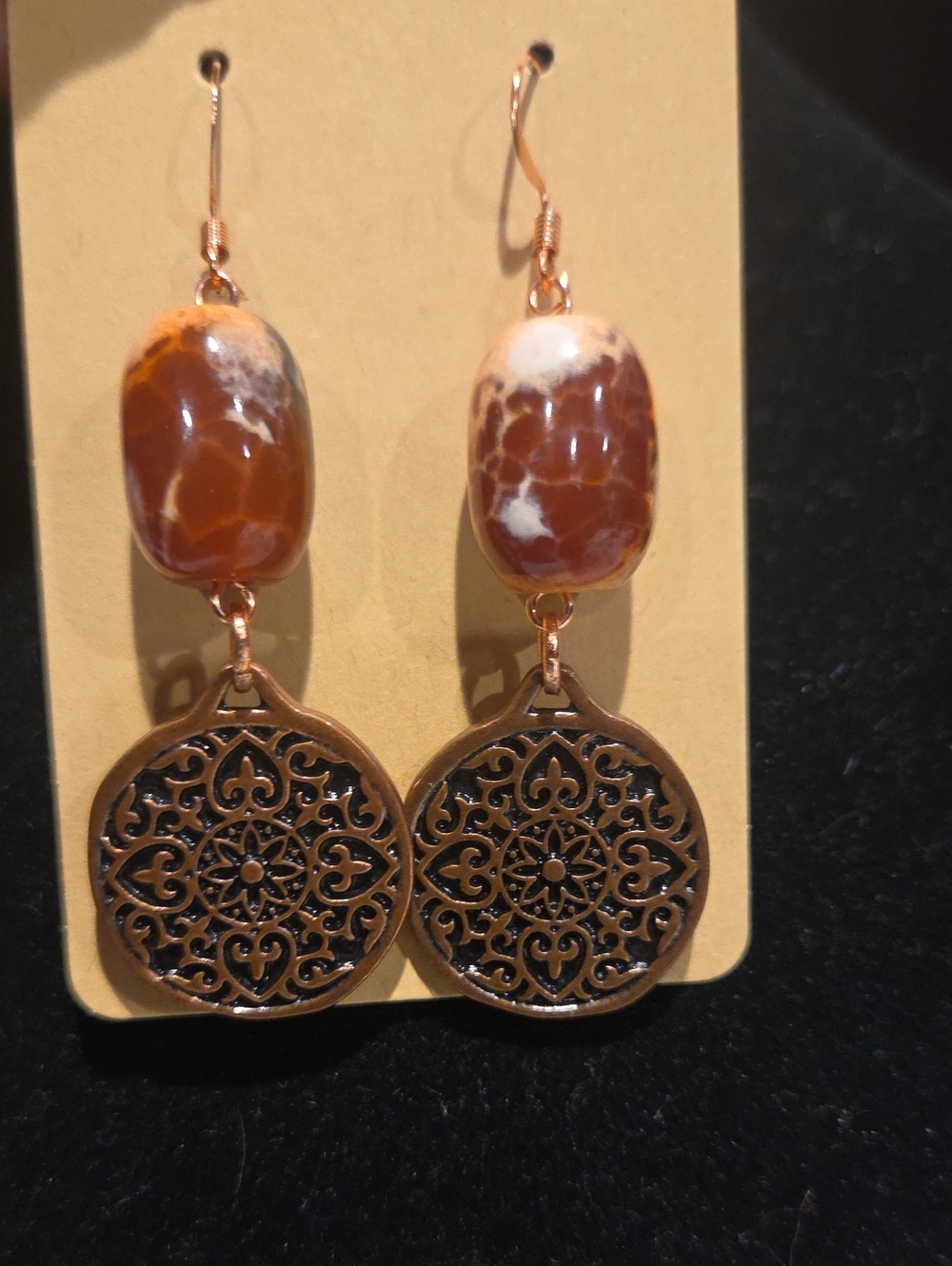 Women's Copper Filigree Drop Earrings with Brown Marble Beads